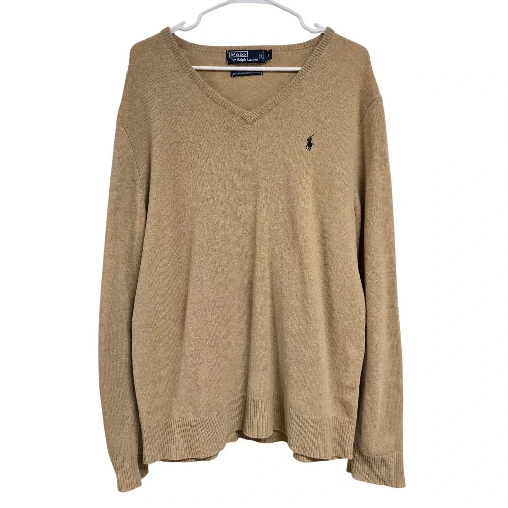 Polo Ralph‎ Lauren V-Neck Knit Sweater Tan 100% Lambswool Classic Men's Size L